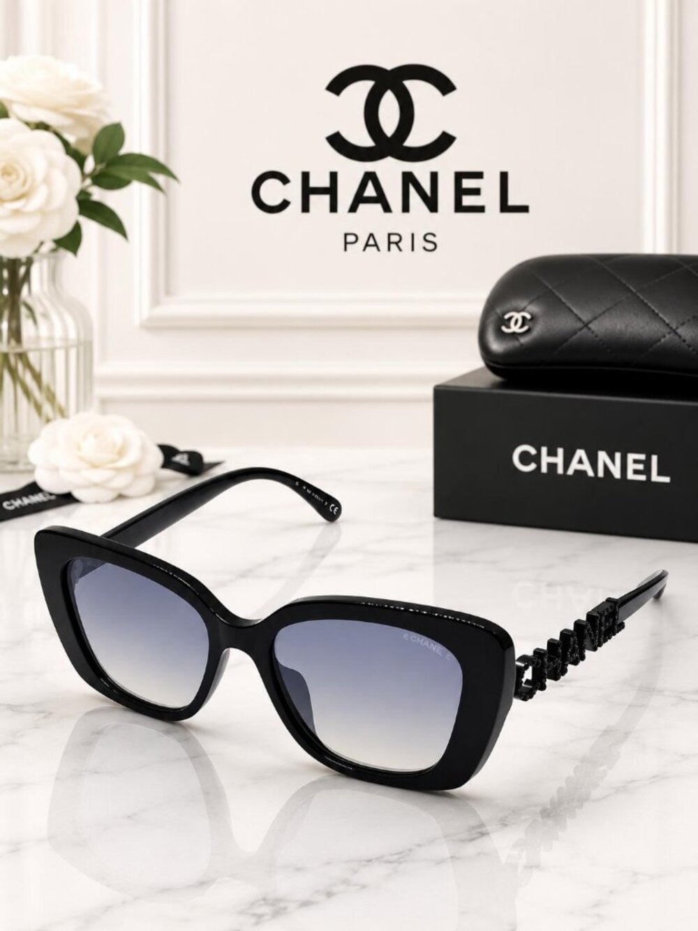 Authentic Chanel Black Oversized Square Sunglasses Gradient Lens Luxury